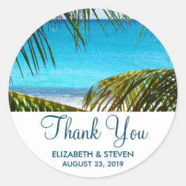 Pegatina Redonda Boda romántica turquesa tropical en la playa graci