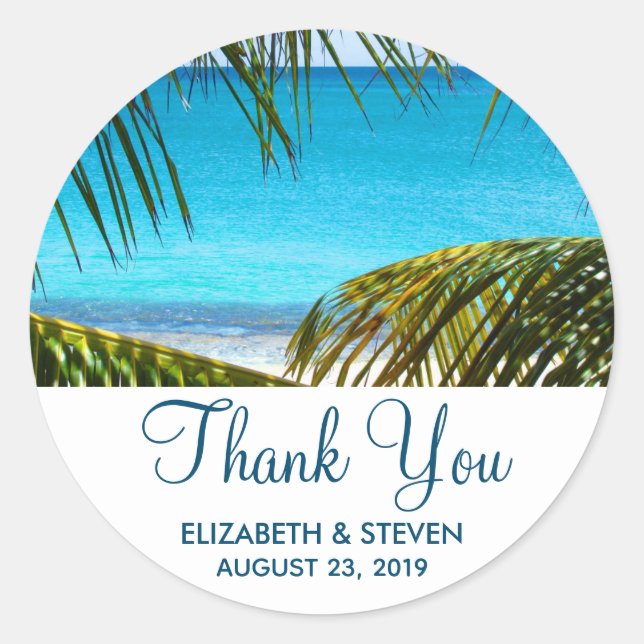 Pegatina Redonda Boda romántica turquesa tropical en la playa graci (Anverso)