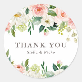 Pegatina Redonda Boda Romántico de color de agua Primavera Gracias
