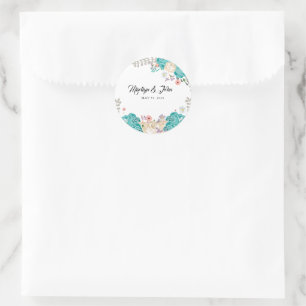 Pegatina Redonda Boda Romántico de flores blancas azules elegantes