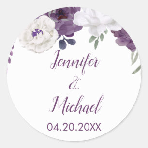 Pegatina Redonda Boda romántico floral morado plateado personalizad