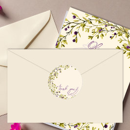 Pegatina Redonda Boda romántico morado y floral azul gracias