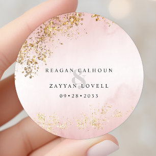 Pegatina Redonda Boda Rosa Beige con Brillos de Oro Luxe Moderna