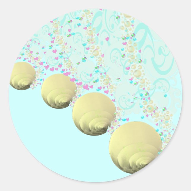 Pegatina Redonda Boda rosa Blue Gold Seashell Beach (Anverso)