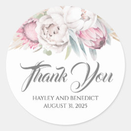 Pegatina Redonda Boda rosa de flores tropicales exóticas