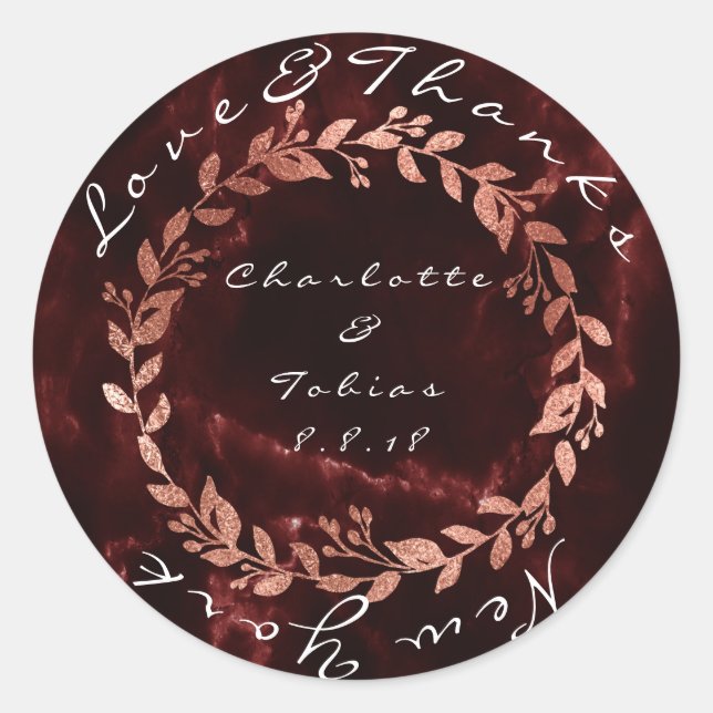 Pegatina Redonda Boda Rosa Faux Gracias Marble Burgundy Maroon (Anverso)