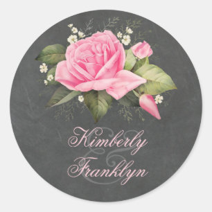 Pegatina Redonda Boda Rosa Rosa Rosa Rosa Rosada de Chalkboard