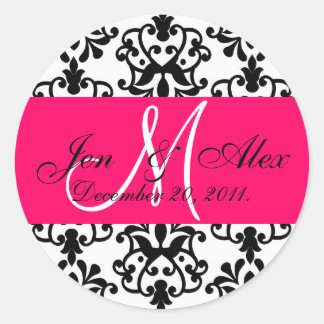 Pegatina Redonda Boda Rosado Caliente Nombres Monogramas Fecha Sell