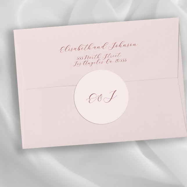 Pegatina Redonda Boda rosado del guión de moda elegante monograma (Return address personalized envelopes can be purchased separately - please see the collection)