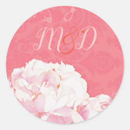 Pegatina Redonda Boda rosado peony de color acuático
