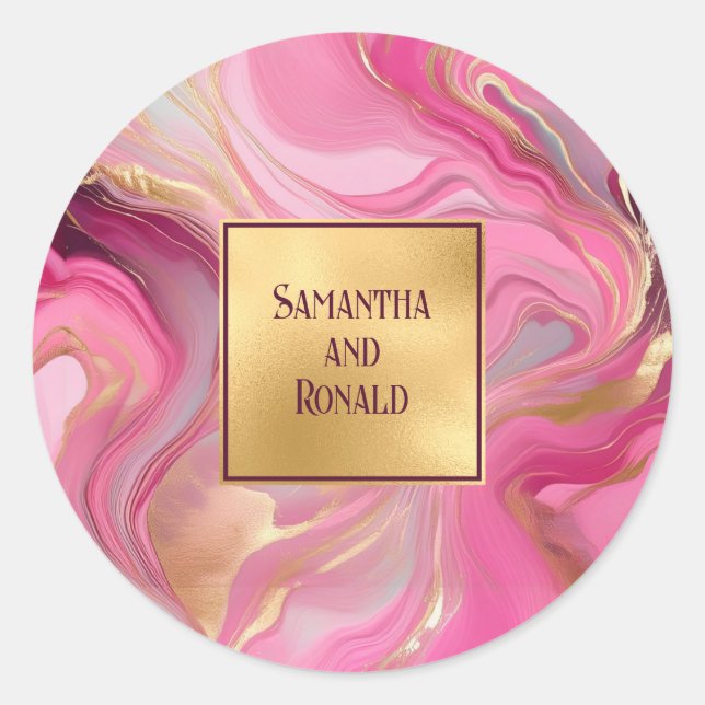 Pegatina Redonda Boda rosado y dorado marcado (Anverso)