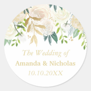 Pegatina Redonda Boda Rosas de Floral de Marfil personalizado