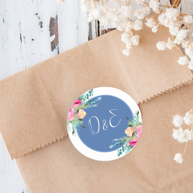 Pegatina Redonda Boda Rosebud rosa floral azul personalizado (Subido por el creador)