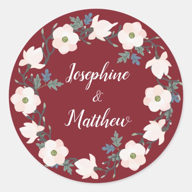 Pegatina Redonda Boda Rubor Floral Wreath Burgundy Personalizado (Anverso)