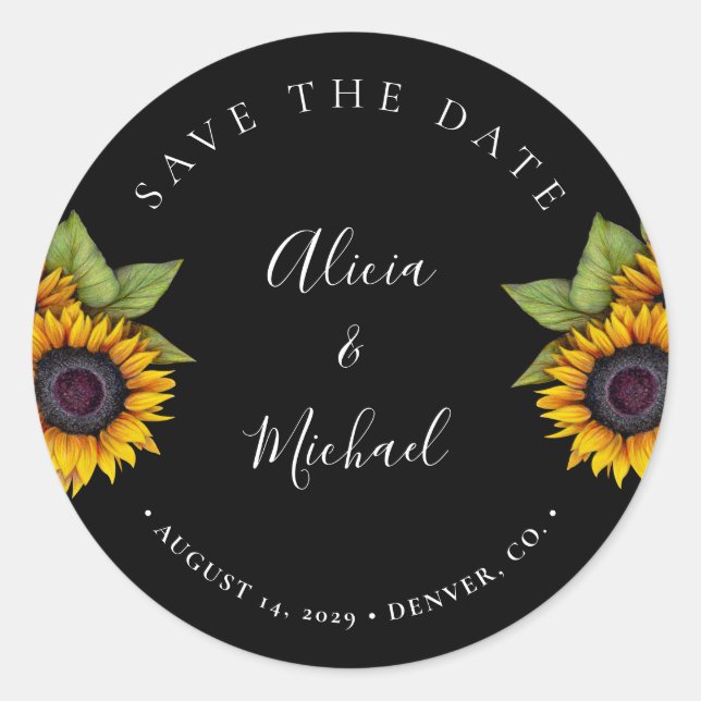 Pegatina Redonda Boda ruso moderno de girasoles salva fecha (Anverso)