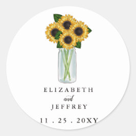 Pegatina Redonda Boda Rustic Mason Jar Sunflowers