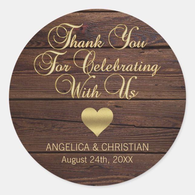 Pegatina Redonda Boda RUSTIC Wood Gold Heart Personalizado (Anverso)