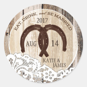 Pegatina Redonda Boda Rustic Wood Lace Horseshoe