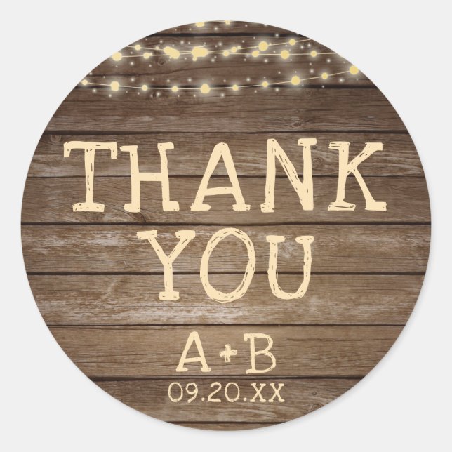 Pegatina Redonda Boda Rustic Wood Lights Initials Date GRACIAS (Anverso)