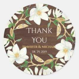 Pegatina Redonda Boda Rustic Wood Magnolia Custom