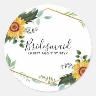 Pegatina Redonda Boda rústica bohemio con girasoles y follaje