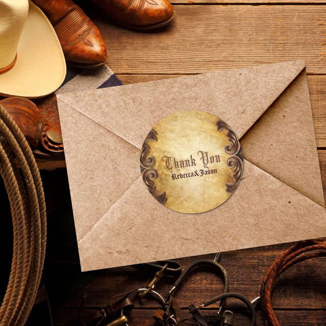Pegatina Redonda boda rústica de campo occidental, gracias (rustic vintage western country wedding thank you classic round sticker)