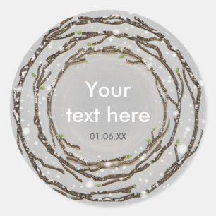 Pegatina Redonda Boda Rústica de Invierno Ramas & Nieve Campestre