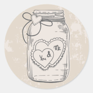 Pegatina Redonda Boda Rústica Gracias Tarro de Mason Corazones Marr