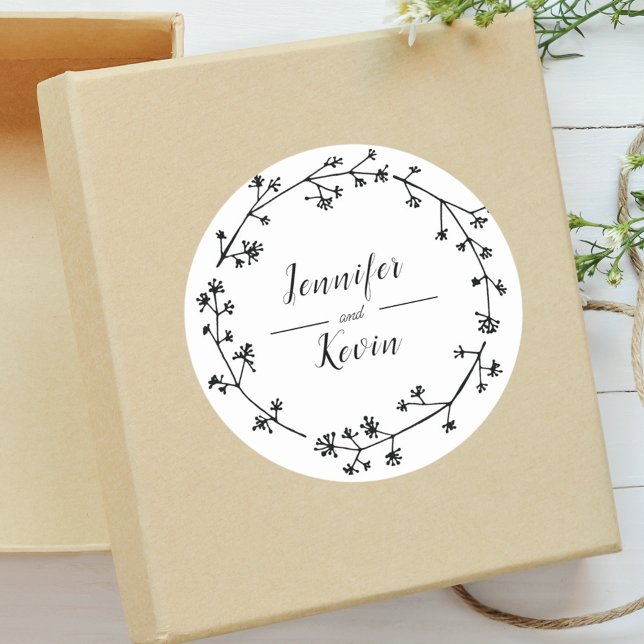 Pegatina Redonda Boda Rústica Moderna con Flores Silvestres Folk (Modern rustic wildflower sticker adds folk-inspired charm to wedding stationery.)