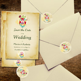 Pegatina Redonda Boda Rústico Anatómico Floral Corazón Mexicano