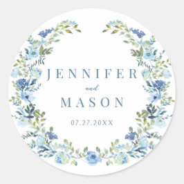 Pegatina Redonda Boda rústico bohemio floral azul