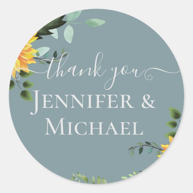 Pegatina Redonda Boda Rústico BOHO Sunflowers Greenery (Anverso)