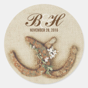 Pegatina Redonda boda rústico burlap herraduras pegatinas