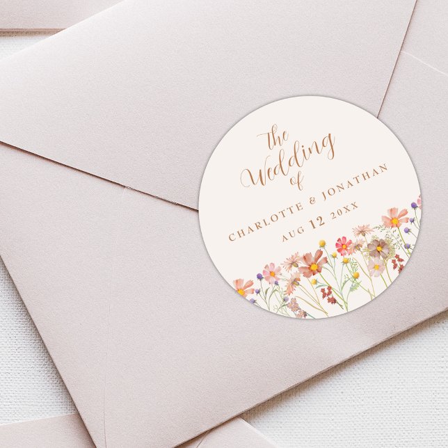 Pegatina Redonda Boda Rústico de Boho Floral de acuarela (Boho fall Wildflower custom Wedding stickers autumn watercolor florals elegant script )