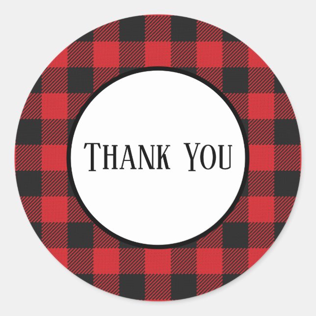 Pegatina Redonda Boda Rústico de Búfalo Negro Rojo Gracias (Anverso)