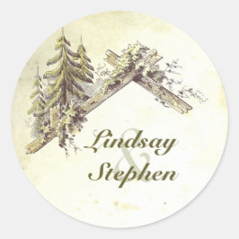 Pegatina Redonda Boda Rústico de Cabina de Woodland