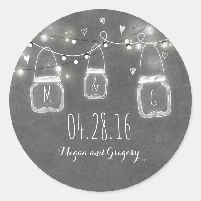 Pegatina Redonda Boda Rústico de Chalkboard Mason Jar Lights (Anverso)