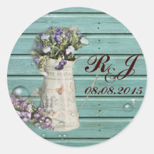 Pegatina Redonda boda rústico de madera de grano floral gracias