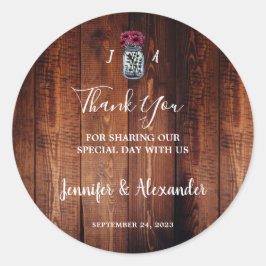 Pegatina Redonda Boda rústico de madera de grano monograma