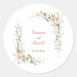 Pegatina Redonda Boda Rústico de rosas rosadas botánicas