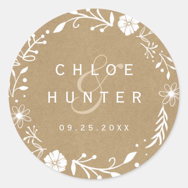 Pegatina Redonda Boda Rústico Floral Botánica Wreath Faux Kraft (Anverso)