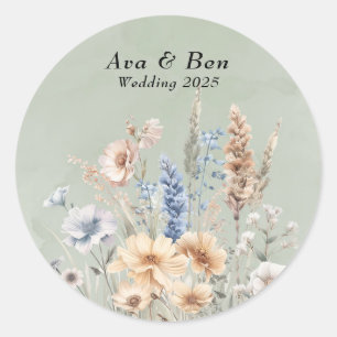 Pegatina Redonda Boda Sage Green Dusty Blue Wildflowers
