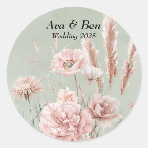 Pegatina Redonda Boda Sage Green y Pink Wildflowers