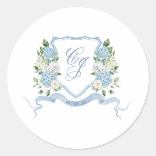 Pegatina Redonda Boda Simple con Cresta Monograma Azul Polvoriento