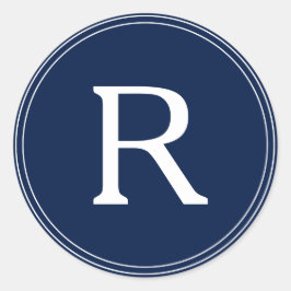 Pegatina Redonda Boda simple de monograma azul de la marina