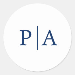 Pegatina Redonda Boda simple de monograma azul y blanco de la marin