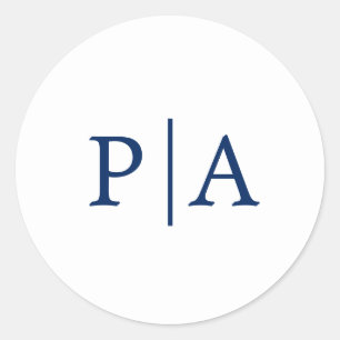 Pegatina Redonda Boda simple de monograma azul y blanco de la marin