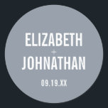 Pegatina Redonda Boda simple de tipografía azul turbia<br><div class="desc">Tipografía azul turbia simple calcomanías o sellos de boda. Personalice el texto personalizado anterior. Puede encontrar elementos de coordinación adicionales en nuestra colección "Simple Navy and Dusty Blue Typography Boda". ***NOTA: TODO EL COLOR DE TEXTO Y FONDO ES EDITABLE. Puede cambiar todas las palabras y también puede cambiar el color...</div>