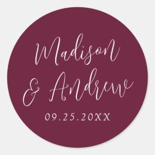 Pegatina Redonda Boda Simple Escritura Personalizada Burgundy