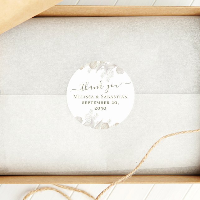 Pegatina Redonda Boda Simple Gracias Elegante Sage Green (Elegant wedding sage green favor sticker label with elegant greenery.)